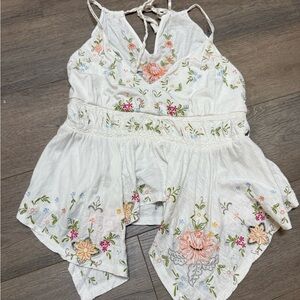Anthropologie White Floral Embroidered Tank Top